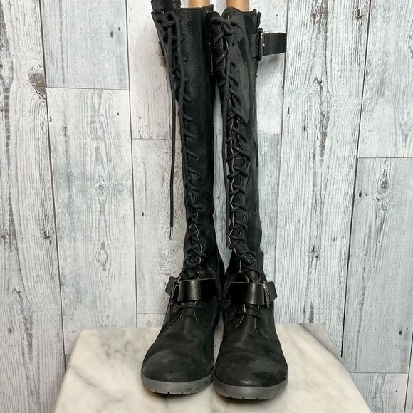 Donald J Pliner black leather distressed patch lace up tall Dnali boots size 8.5 - Picture 5 of 13